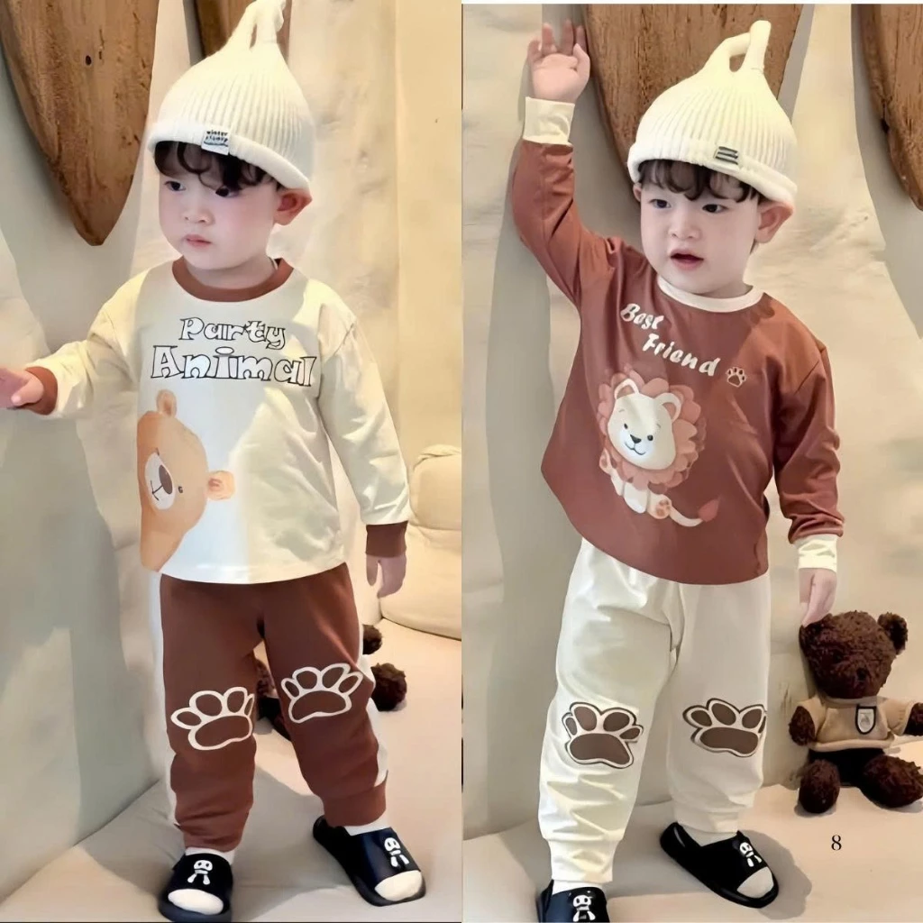 [8-18kg] Set đồ thu đông dài tay + cộc tay chất cotton mềm mịn, phong cách Hàn Quốc cho bé trai in hình SƯ TỬ