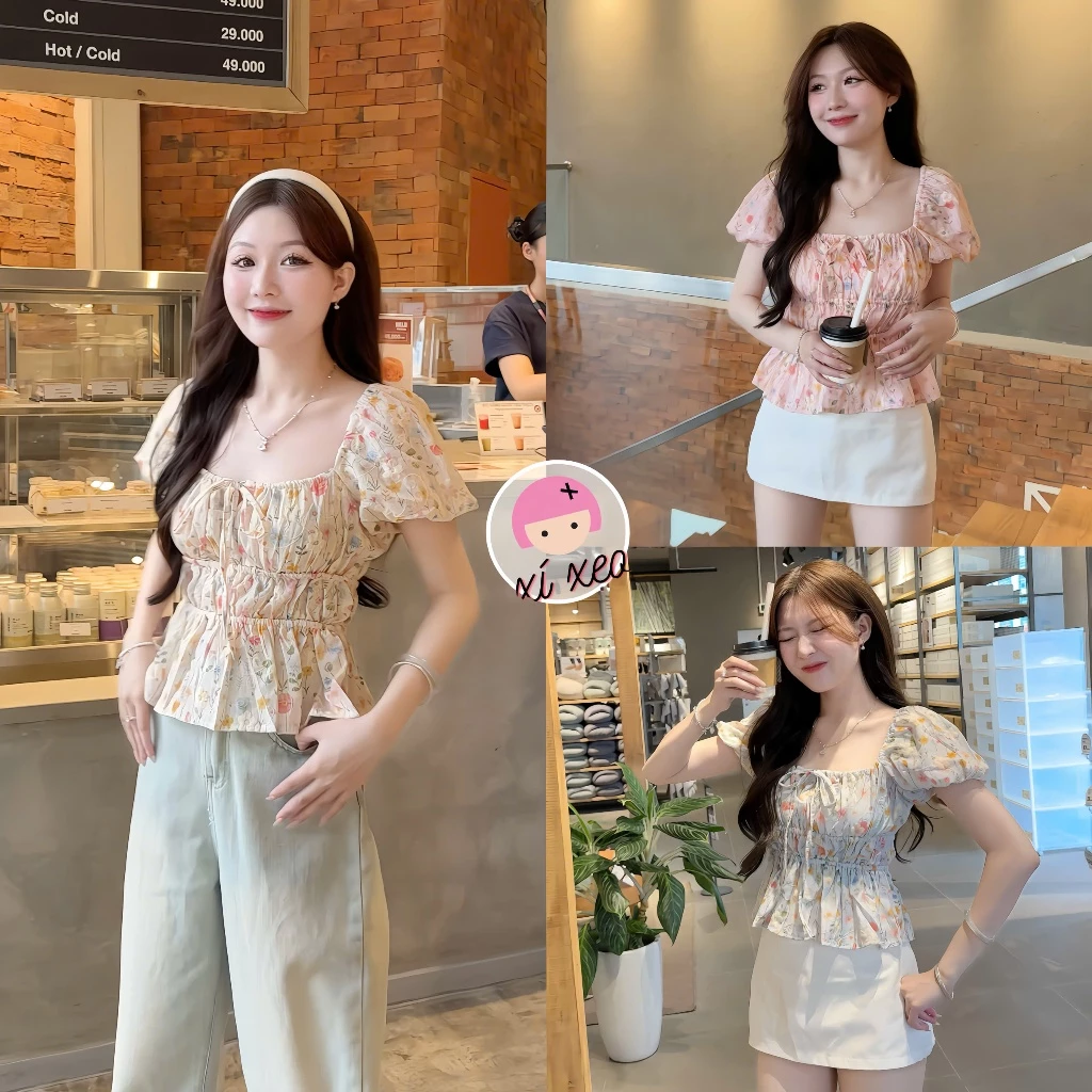 Áo babydoll thêu hoa XIXEOSHOP kiểu xinh tay phồng thắt nơ tiểu thư - A18