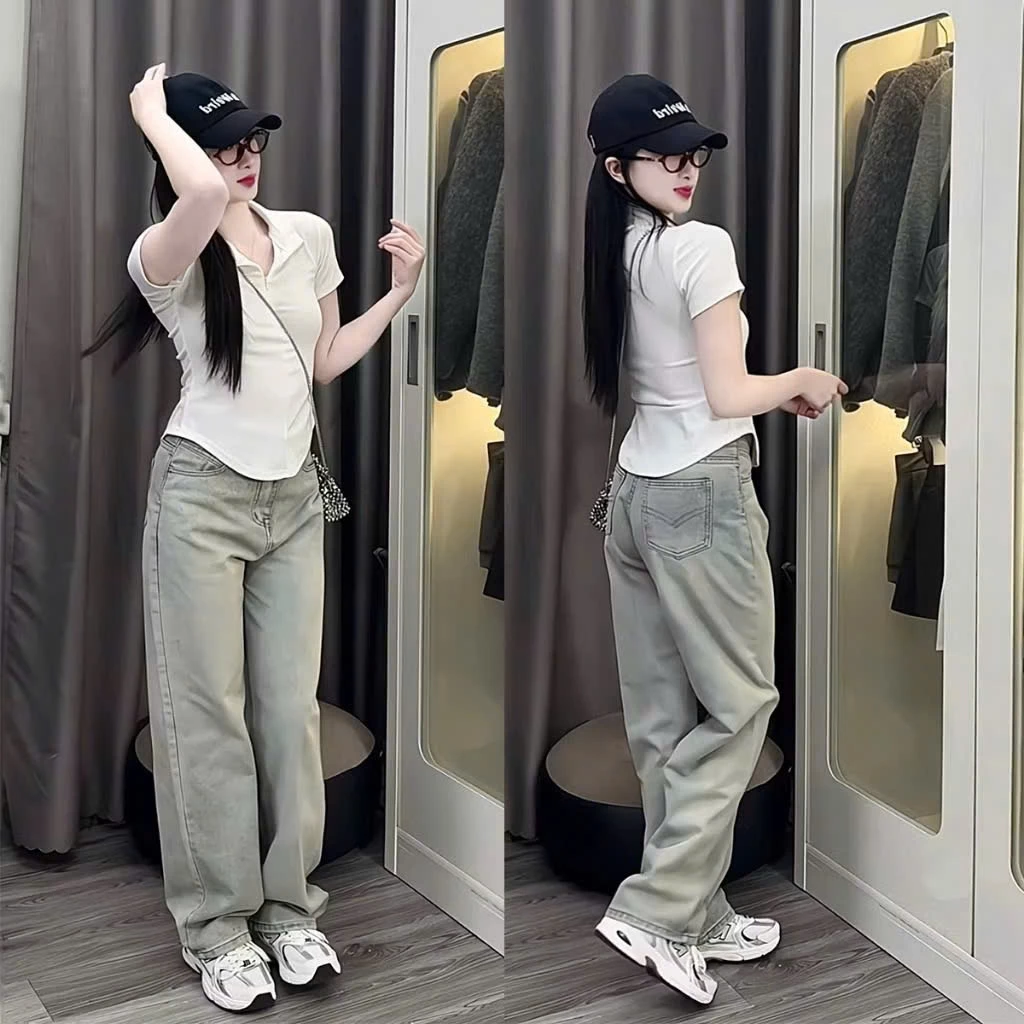 Quần Jean Nữ Lưng Cao Ống Suông Thêu Túi Dài Basic Thời Trang
