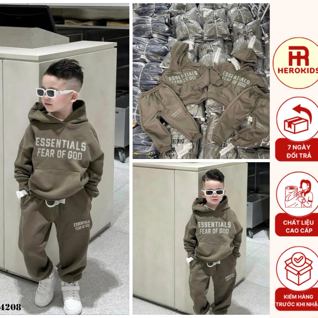 Bộ đồ bé trai nỉ dài tay có mũ ét sen sồ trơn in chữ cao su nổi trước ngực đơn giản phong cách boy phố 4024