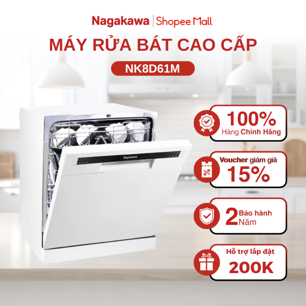 Máy rửa bát cao cấp Nagakawa NK8D61M/NK8D01M, sức chứa 8 bộ bát đĩa, bảo hành 2 năm