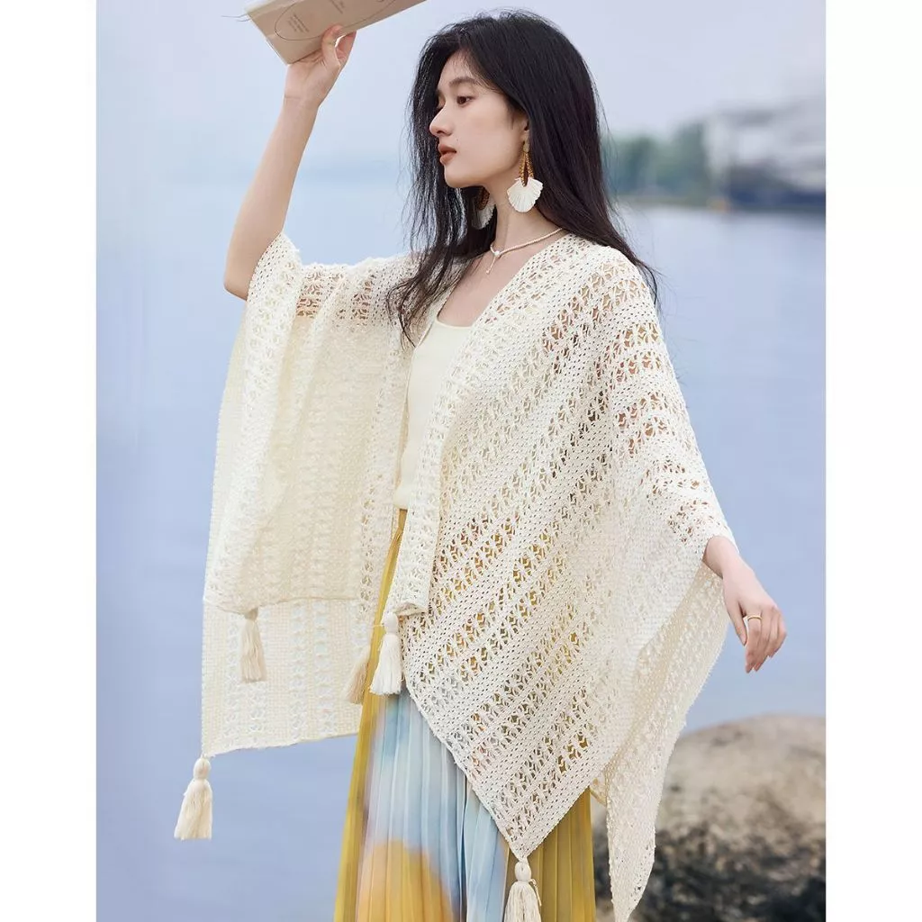 Áo Khoác Ren Dệt Kim Khăn quàng cổ nữ Tua Rua Dáng Rộng Kiểu Cổ Thời trang Sang Chảnh Phù Hợp Khi Đi Du Lịch