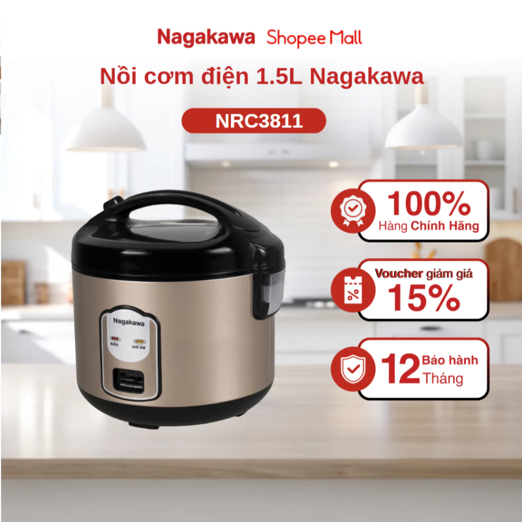 Nồi cơm điện 1.5L Nagakawa NRC3811, lòng nồi 1.5mm chống dính, tặng kèm phụ kiện, bảo hành 12 tháng