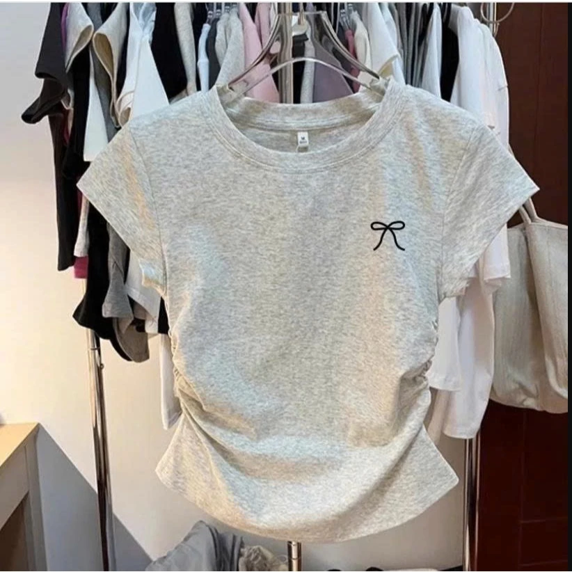 Áo Thun Babytee dáng croptop ôm tôn dáng Xám Thêu Nơ trước ngực
