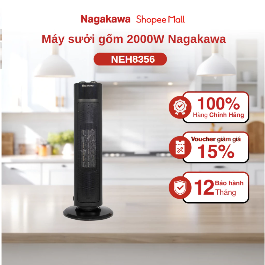 Máy sưởi gốm NEH8356 2000W Nagakawa phòng ngủ, phòng bé sơ sinh, làm ấm nhanh, tự động ngắt, bảo hành 12 tháng