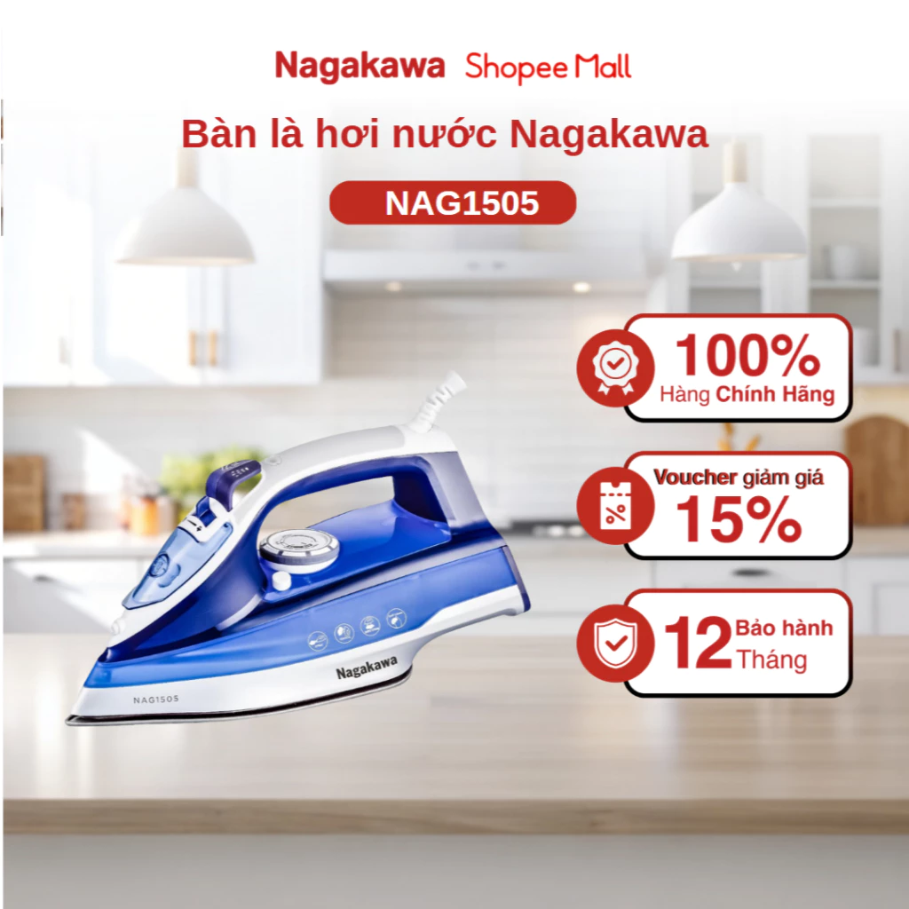 Bàn là hơi nước Nagakawa NAG1505, công suất 1200W, cảm biến nhiệt đóng ngắt, bảo hành 12 tháng