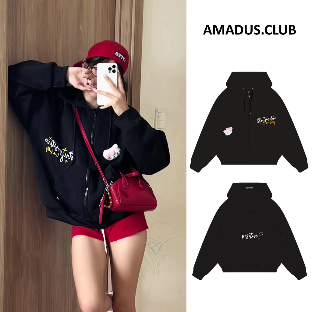 [ Tặng gấu ] HOODIE ZIP BOXY NỈ BÔNG THÊU NỔI \" Stay Positive \" khoá kéo 2 chiều Unisex - HDB06