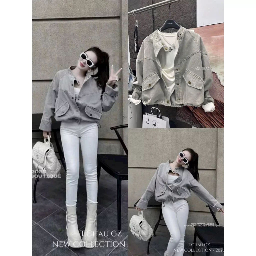 Áo Khoác Jeans Nữ Phối Túi Hộp Cổ Tàu Màu Xám Có Dây Rút Gấu Áo Dáng Lỡ Form Rộng Phong Cách Cá Tính