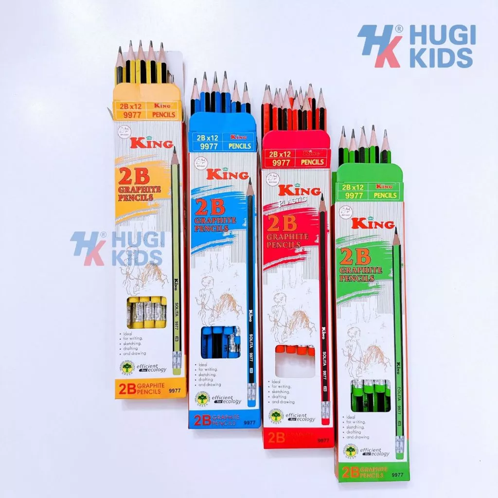Hộp 12 Cây Bút Chì Đen 9977 – Ngòi 2B, Đầu Chì Kèm Tẩy, Viết Êm Đẹp Cho Học Sinh