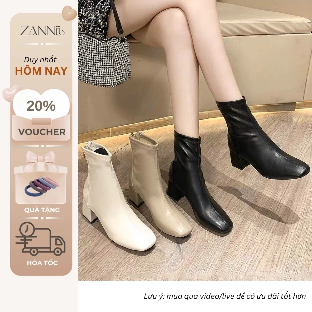 Giày Boots Nữ Cổ Cao Đế Cao 6cm Mũi Vuông Lót Lông Mềm Mại Êm Mềm Mùa Đông