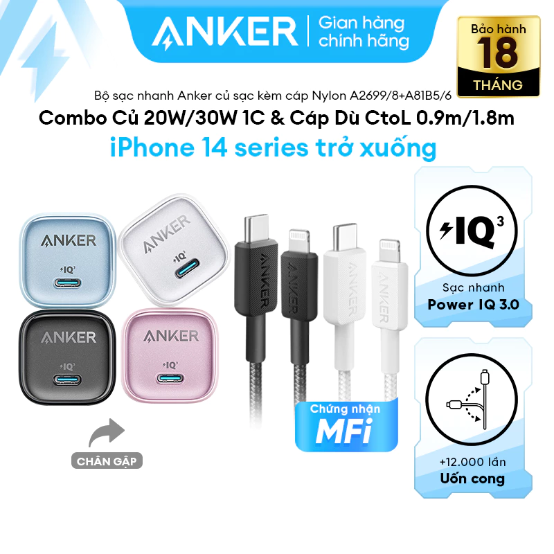 [LIVE] Combo sạc nhanh ANKER 20W/30W cho iP8-14 -Củ Zolo 20W/30W 1C & Cáp Dù CtoL MFi - A2699/8+A81B5/6