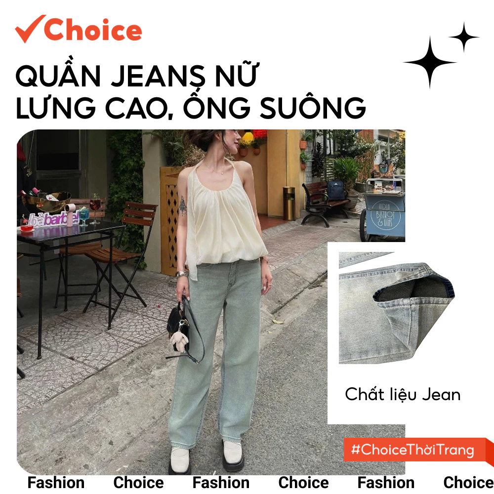 [Choice] Quần Jeans Nữ FA1-2080-28 Lưng Cao, Ống Suông, Dáng Dài Thêu Túi
