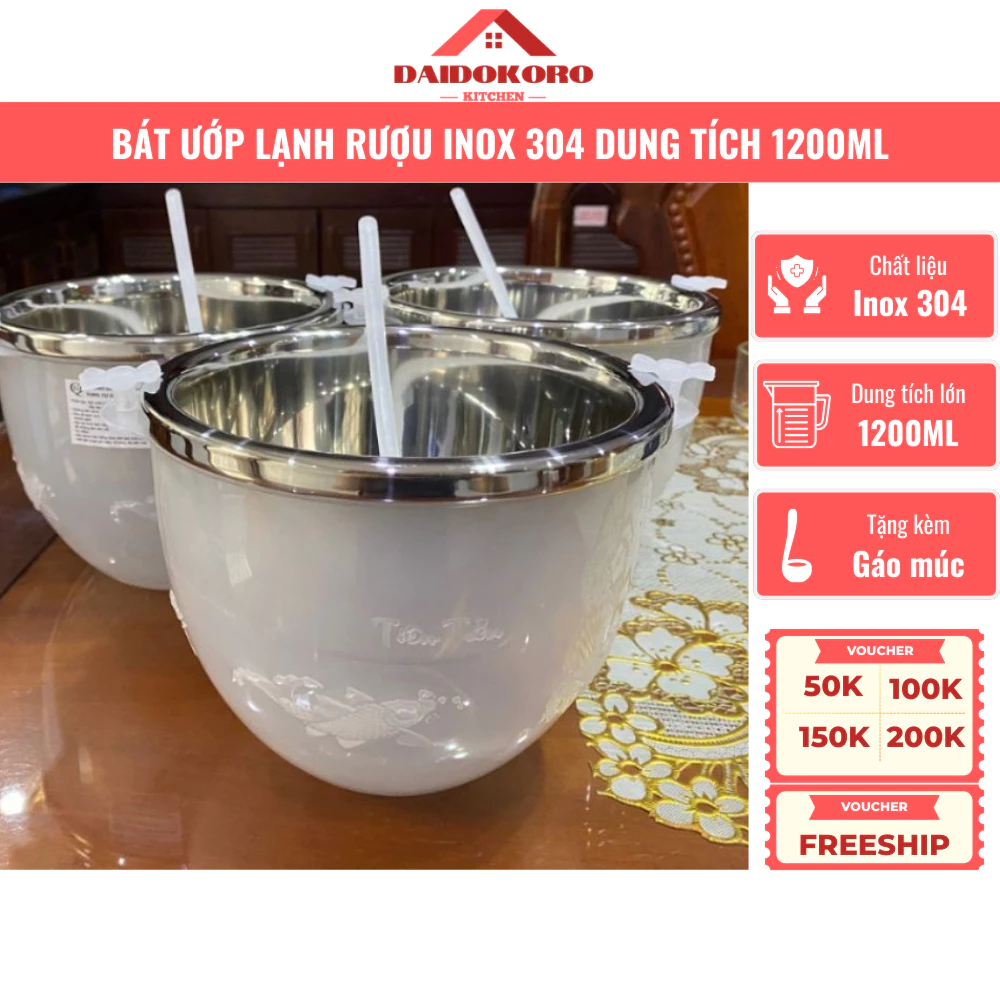 Bát Ướp Lạnh Rượu Cao Cấp INOX 304 [Tặng Kèm Gáo Múc] Âu Ủ Rượu Dung Tích 1.2 lít Tiện Lợi, Vệ Sinh
