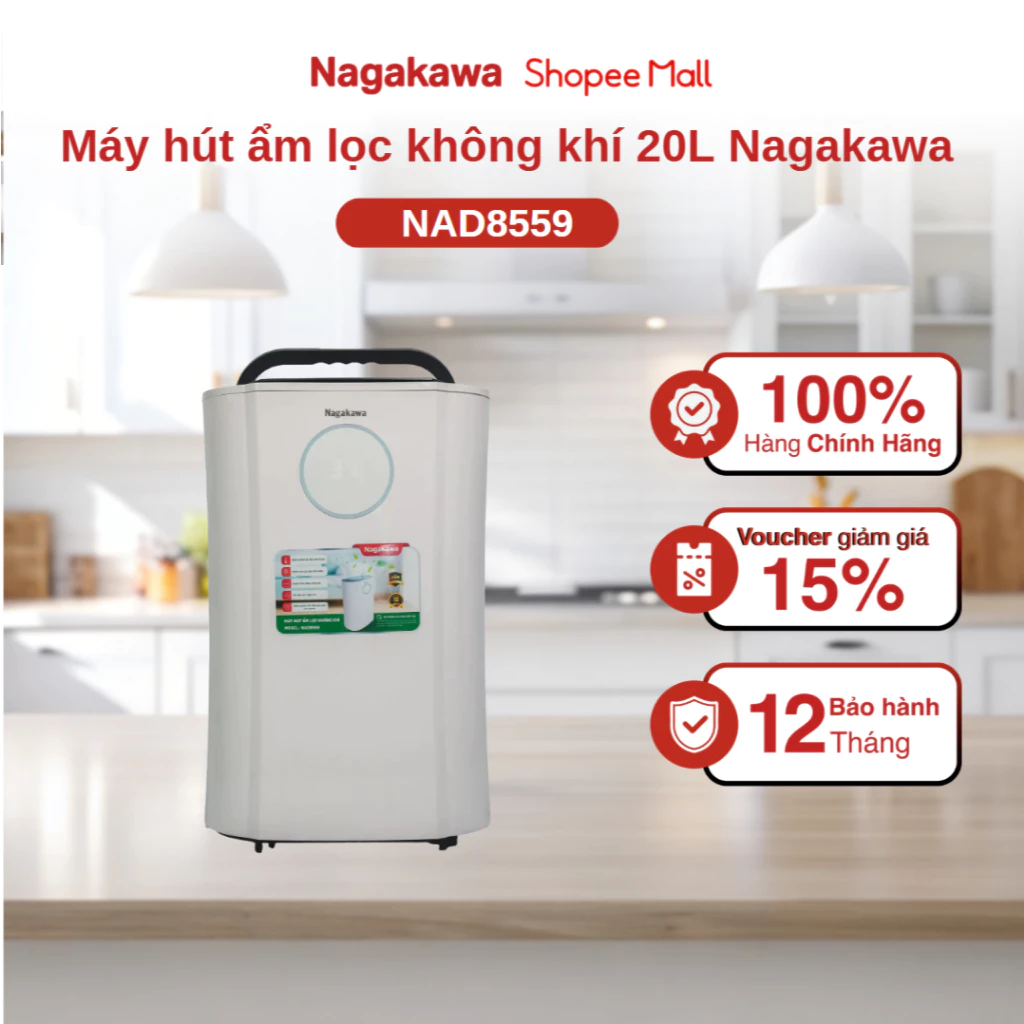 Máy hút ẩm lọc không khí 20L Nagakawa NAD8559, gas R134A, diện tích phòng 35 - 40m², tích hợp lọc không khí và bụi mịn