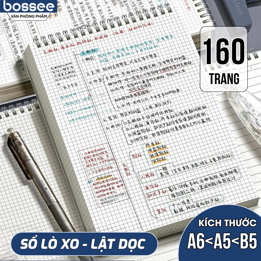 Sổ Lò Xo Kép A5 B5 A6 Sổ Bìa Trong 160 Trang Dạng Dọc Giấy Kẻ Ngang Caro Trơn Chống Lóa Viết callipraphy Takenote