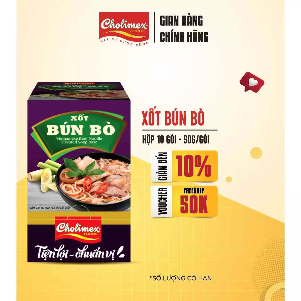 Hộp Xốt Bún Bò Cholimex 90g (10 Gói/Hộp) – Gia Vị Nấu Ăn Tiện Lợi – Đậm Đà Hương Vị Huế Chuẩn Ngon
