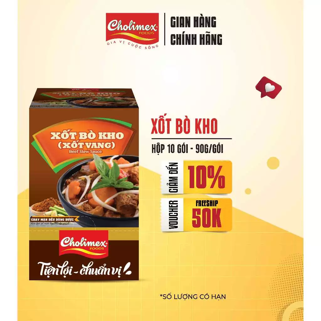 Hộp Xốt Bò Kho Cholimex 90g (10 Gói/Hộp) – Gia Vị Tiện Lợi – Nấu Bò Kho, Bò Xốt Vang Ngon Chuẩn Vị