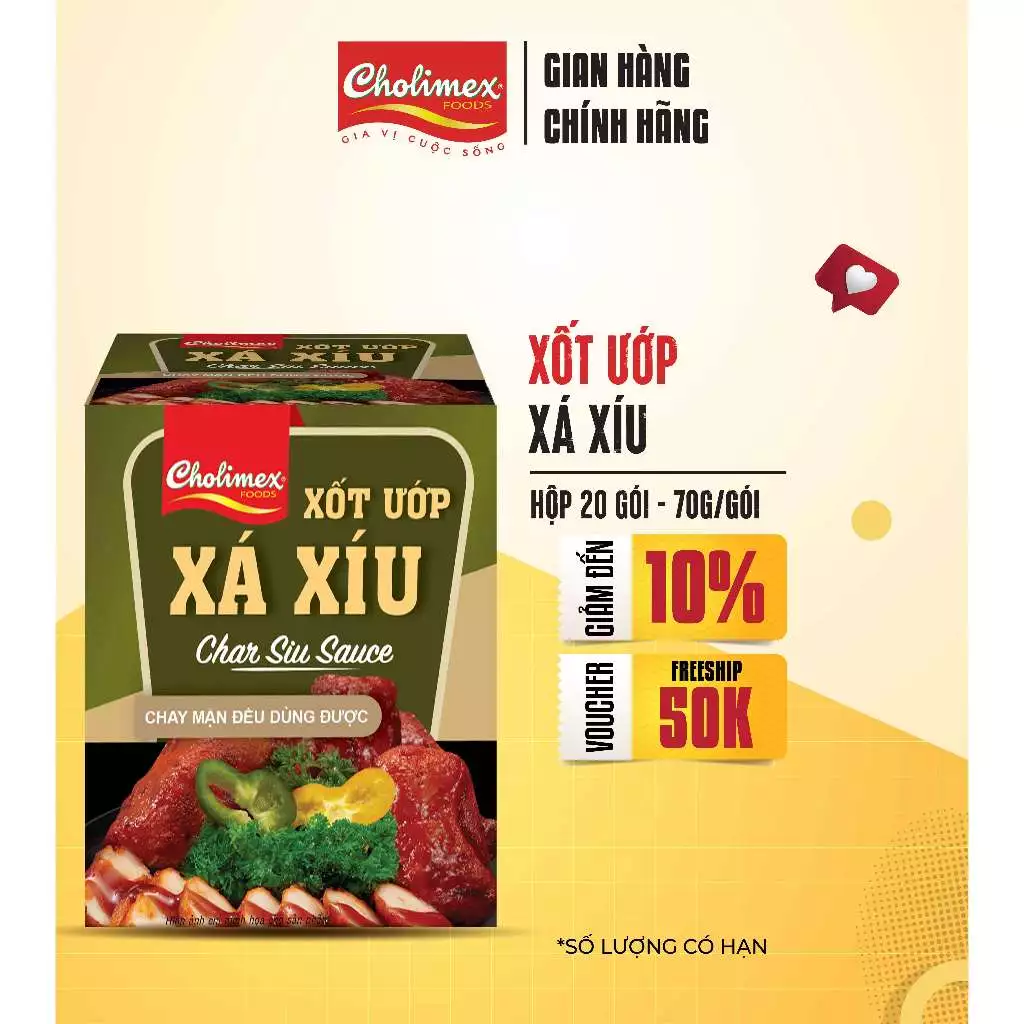 Hộp Xốt Ướp Xá Xíu Cholimex 70g (20 Gói/Hộp) – Gia Vị Tẩm Uớp Ngon Đậm Đà – Chay Mặn Đều Dùng Được