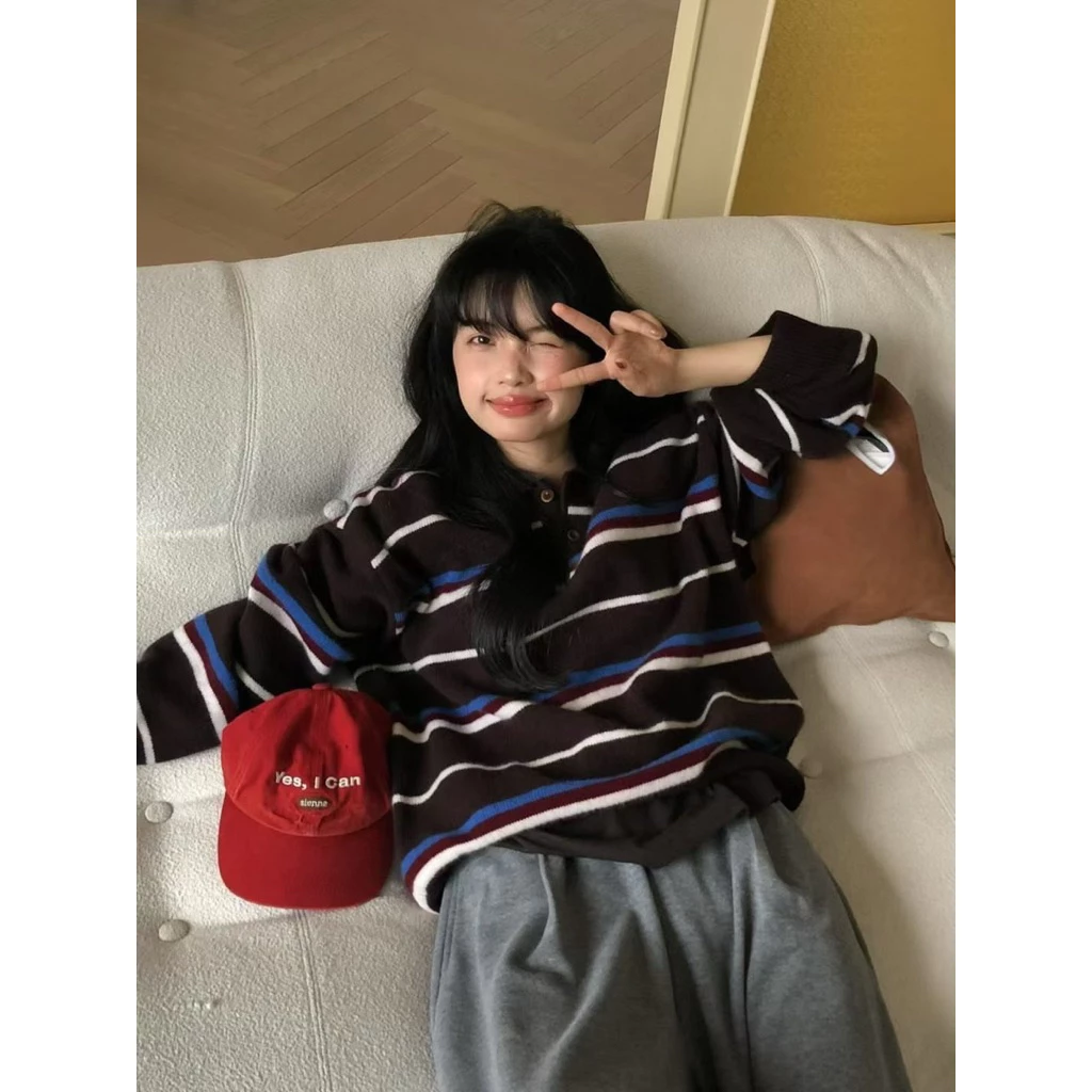 𝐂𝐡𝐚𝐫𝐥𝐨𝐭𝐭𝐞.𝐨𝐝_ [KÈM ẢNH THẬT] Áo Len Cổ Bẻ Dài Tay Sọc Ngang Style Hàn Xinh Xỉu