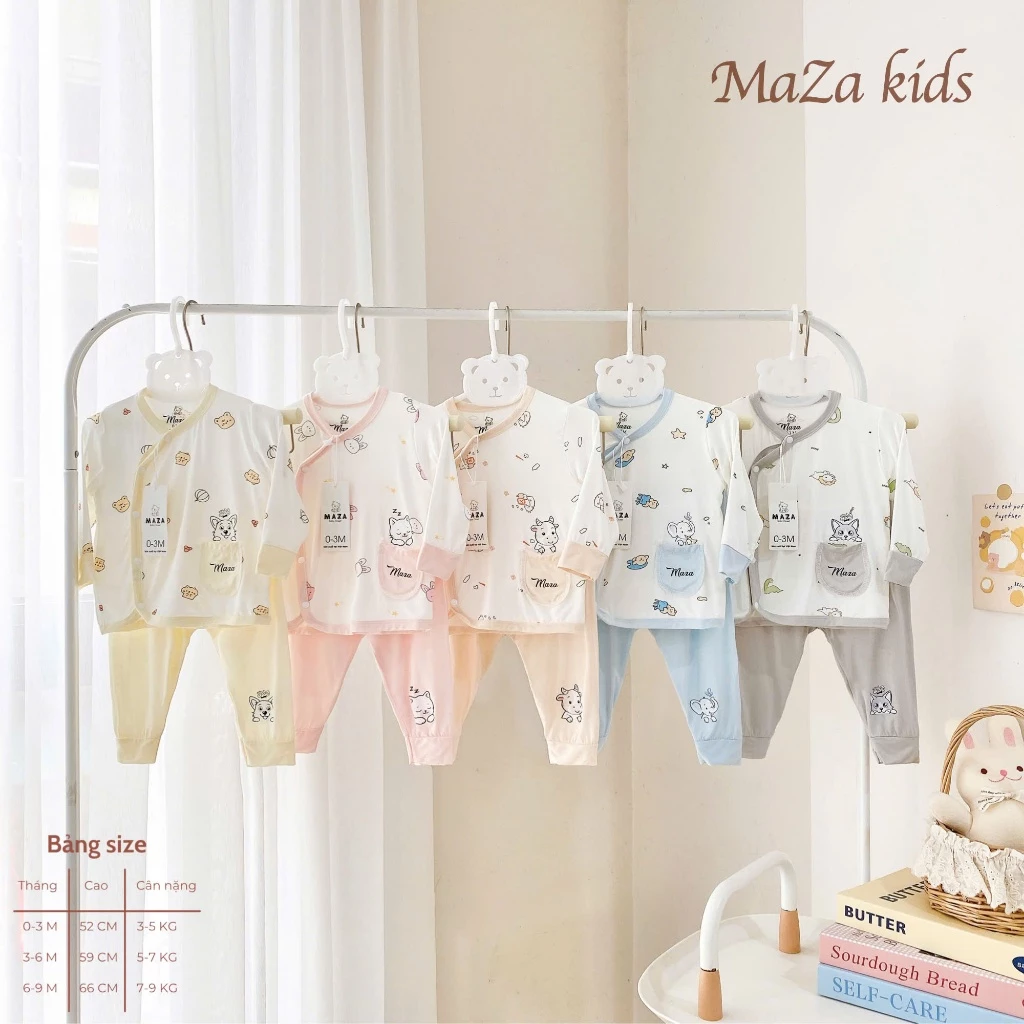 BD4. Bộ sơ sinh dài tay Mazakids vải petit mềm mỏng mát, phối túi xinh cho bé từ 3-8kg