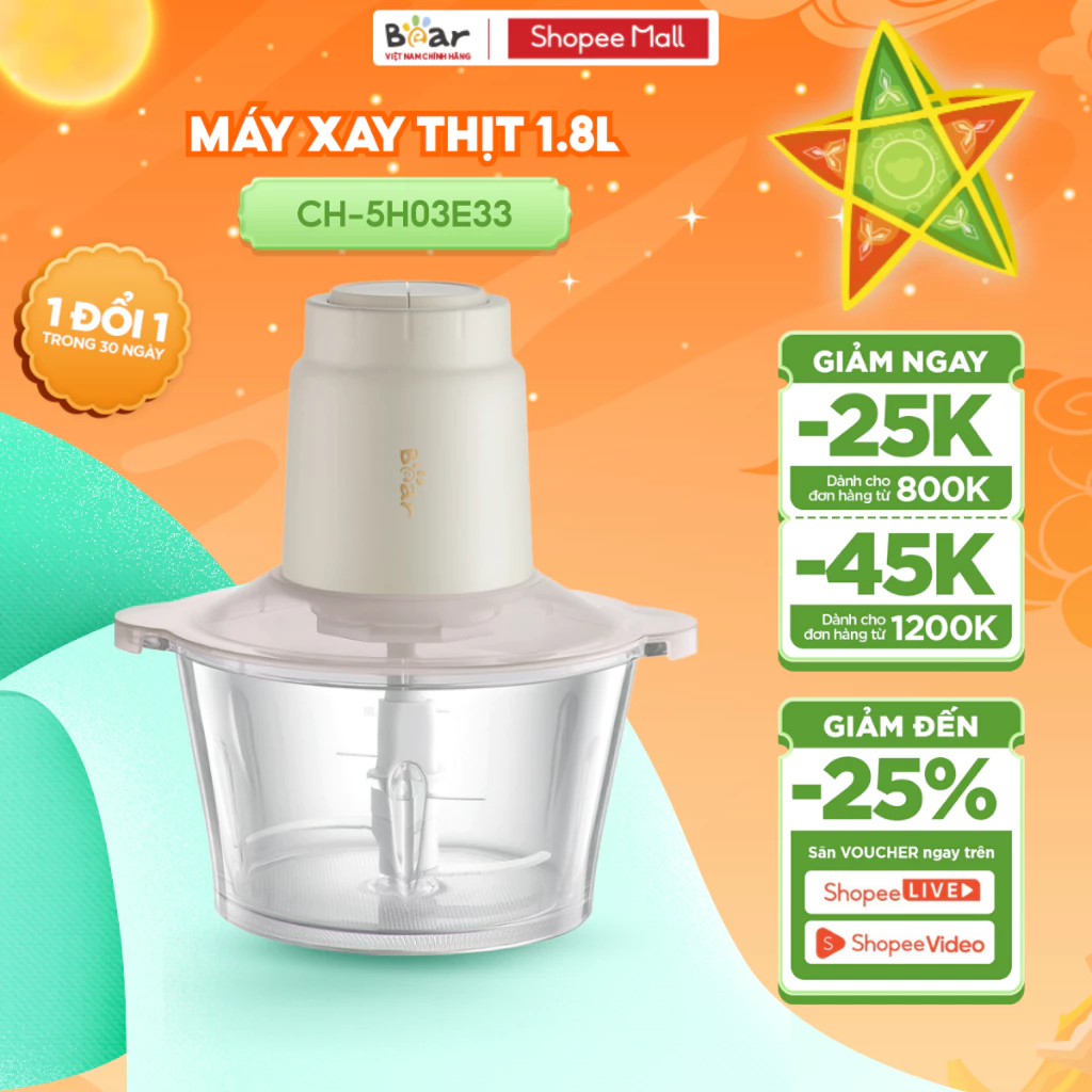 Máy Xay Thịt BEAR 1.8L Công Suất 300W Máy Xay Tỏi Ớt, Xay Đồ Ăn Dặm Cho Bé Máy Xay Hạt Tiêu Động Cơ Mạnh Mẽ CH-5H03E33