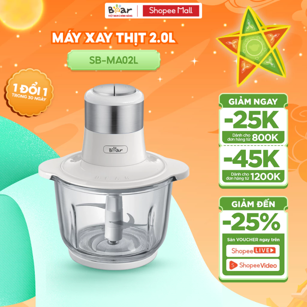 Máy Xay Thịt Đa Năng Bear 2L Cối Thủy Tinh Xay Thịt Cá Rau Củ Cực Nhuyễn Chống Ồn Dễ Vệ Sinh Công Suất 300W - SB-MA02L