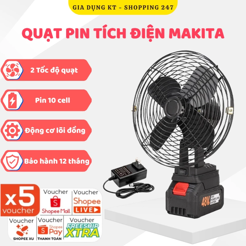 Quạt Pin Tích Điện MAKITA, Quạt Chạy Pin Tích Điện 8 Inch Để Bàn Công Suất Lớn, Làm Mát Cực Nhanh, Hoạt Động Mạnh Mẽ