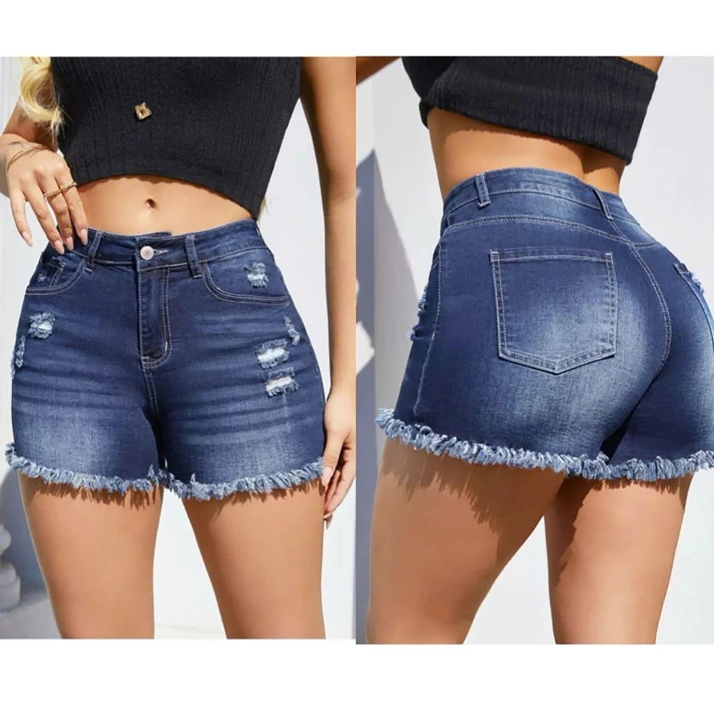 Quần Short Jean BigSize Rách Lưng Cao, Co Dãn Mạnh, Tua Lai, 0161 0162 60kg-90kg
