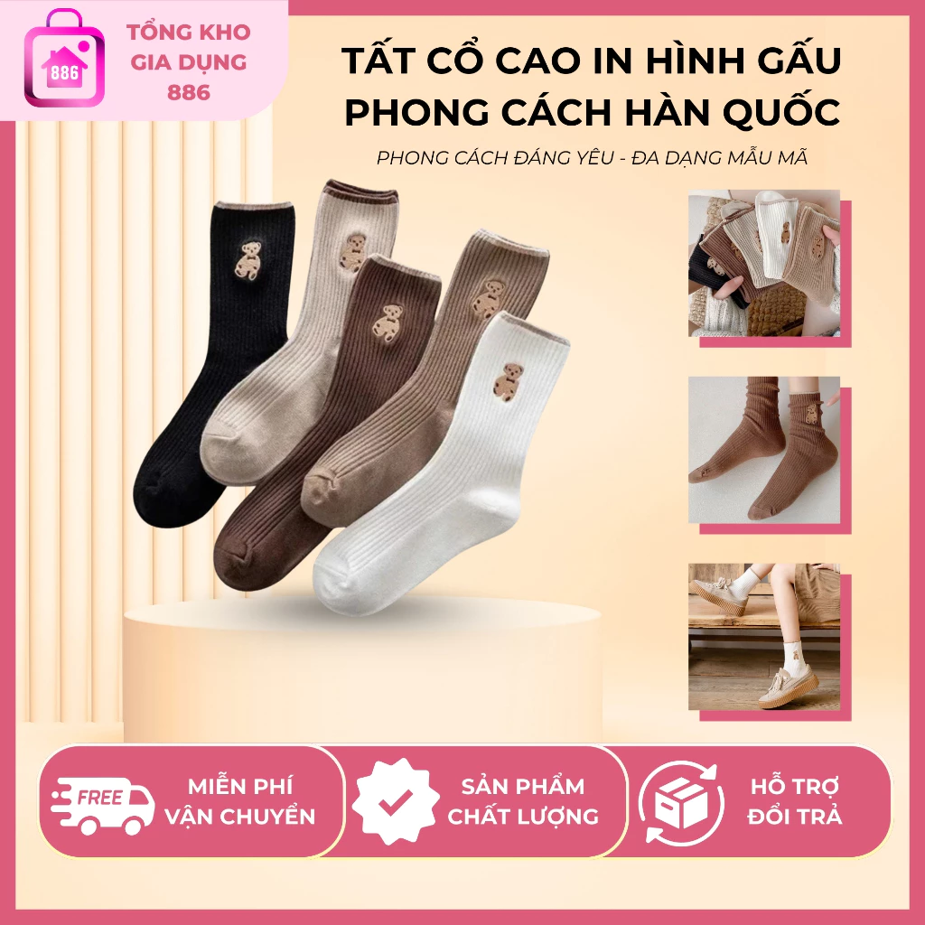 Tất Cổ Cao In Hình Gấu Đáng Yêu Phong Cách Hàn Quốc Cho Nữ
