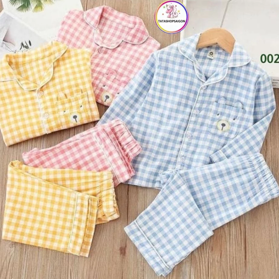 11 đến 40kg - Bộ piama tay dài caro thêu gấu dễ thương - Bộ mặc ngủ cho bé trai bé gái 089