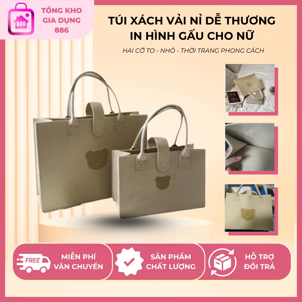 Túi Xách Bằng Vải Nỉ Cỡ Lớn Có Tay Cầm in Hình Gấu Dễ Thương Dành Cho Nữ