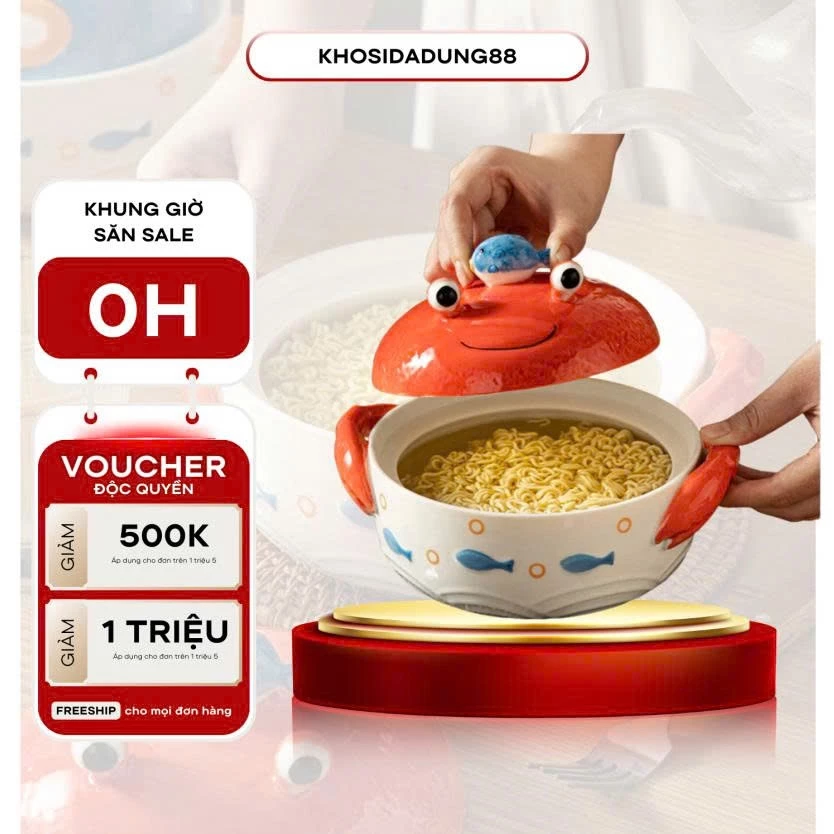 Tô Sứ Úp Mì Có Nắp Hình Con Cua, Tô Ăn Mì, Bát Sứ Sáng Tạo Có Giá Đỡ Điện Thoại Tiện Lợi