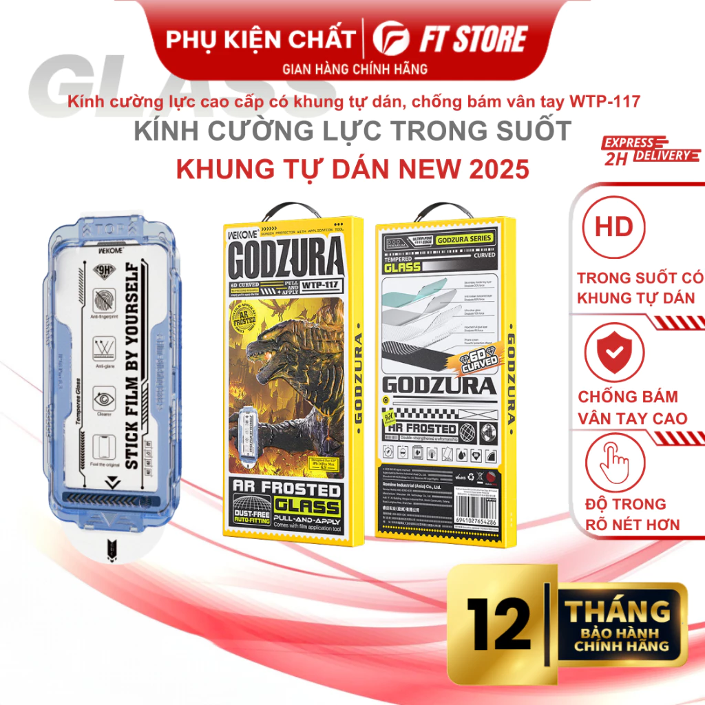 Kính cường lực Godzura WTP-117 Trong Suốt Chống vân tay có Khung Tự Dán, siêu mỏng cong 6D mới nhất