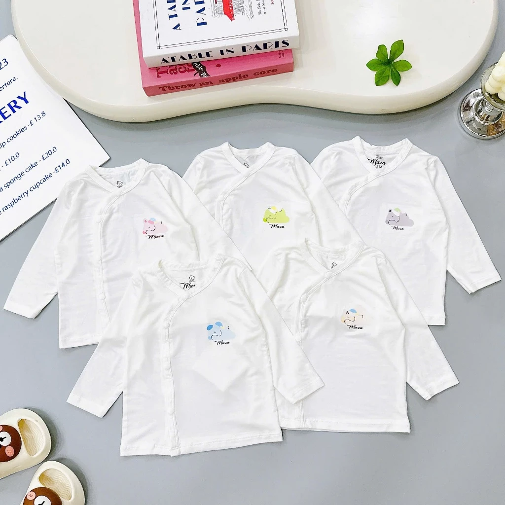 [Combo 3-5 Chiếc] Áo Sơ Sinh Dài Tay Vải Cotton Lạnh Mazakids Nền Trắng size 3-9kg Cho Bé Yêu (Mazakids)