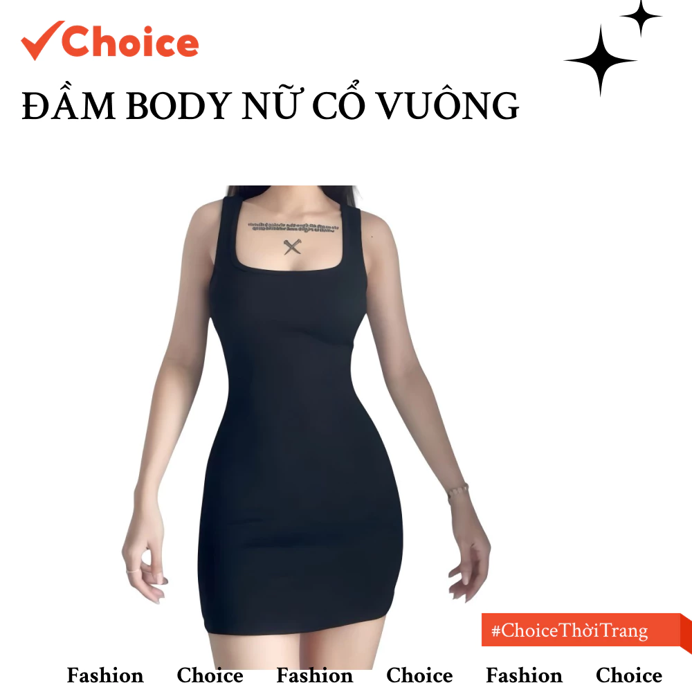 Đầm Body Nữ Choice FS1-2213-1131 Cổ Vuông, Thun Dày, Basic Cá Tính Màu Đen