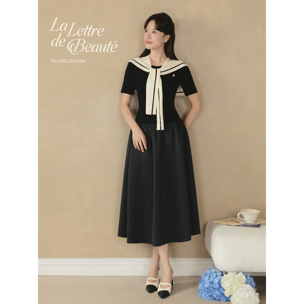 Váy lười nữ công sở Long Lyzie Dress BEAUTEBYV dáng dài xoè đen, khăn choàng vai Marine nữ tính