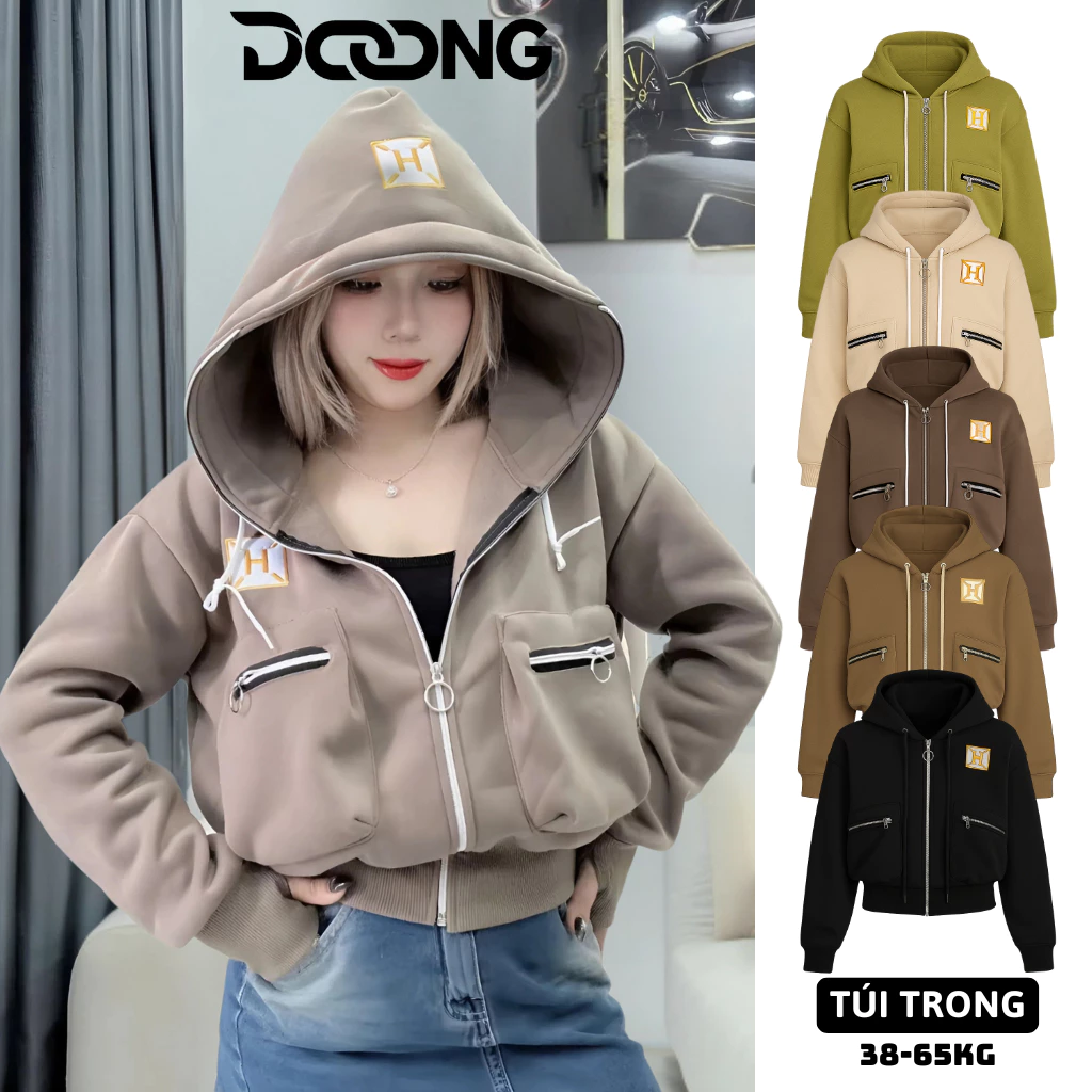 [XẢ HÀNG] Áo Khoác TÚI HỘP LOGO THÊU Nỉ Bông Xỏ Ngón Có Túi Trong BM296, Áo Khoác Nỉ Có Nón Form Lửng DOONG