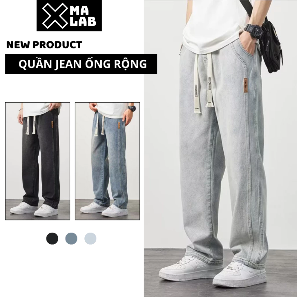 Quần jean nam ống rộng XMALAB Quần bò nam cạp chun lưng cao bản to có dây rút phá cách B109