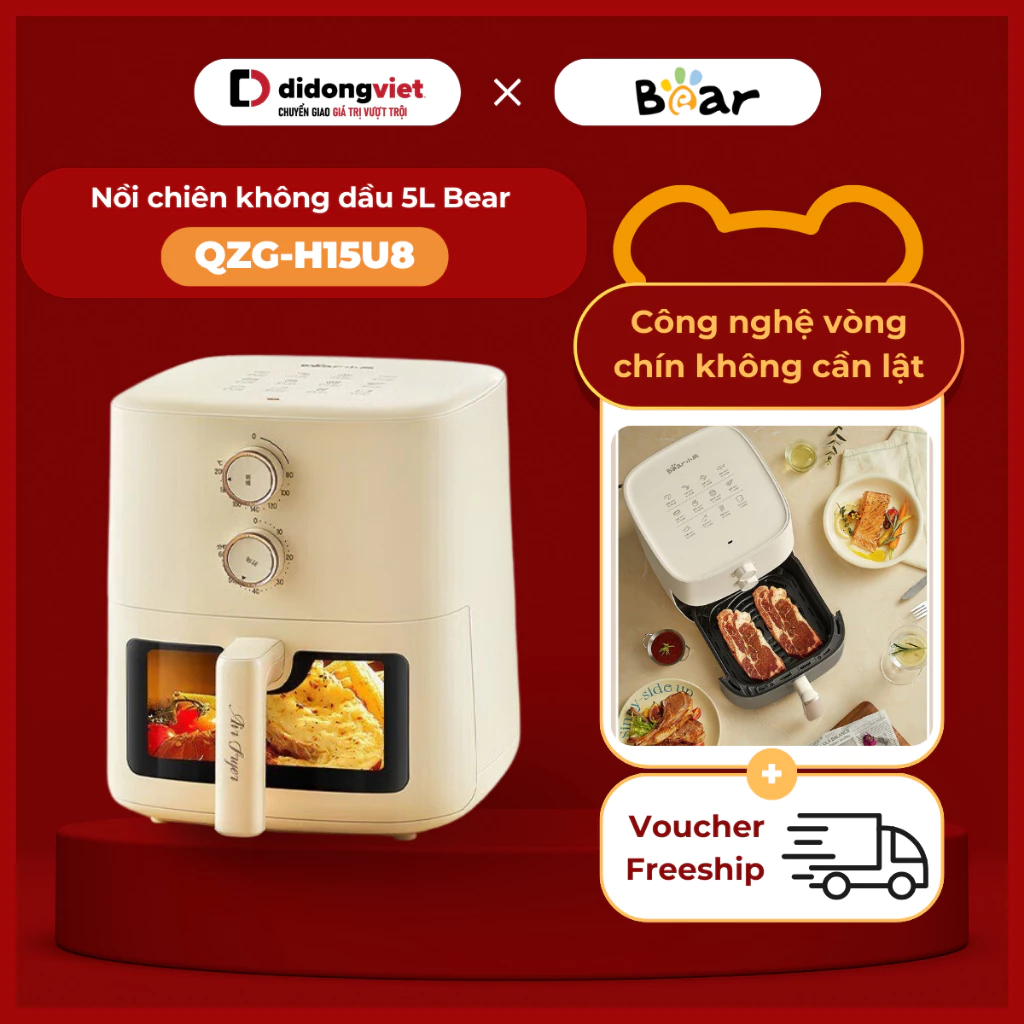 (Mới) Nồi Chiên Không Dầu 5L Bear QZG-H15U8 (AF-5H15Y37) | 1500W, Nấu chín không cần lật - Bảo hành 18 tháng