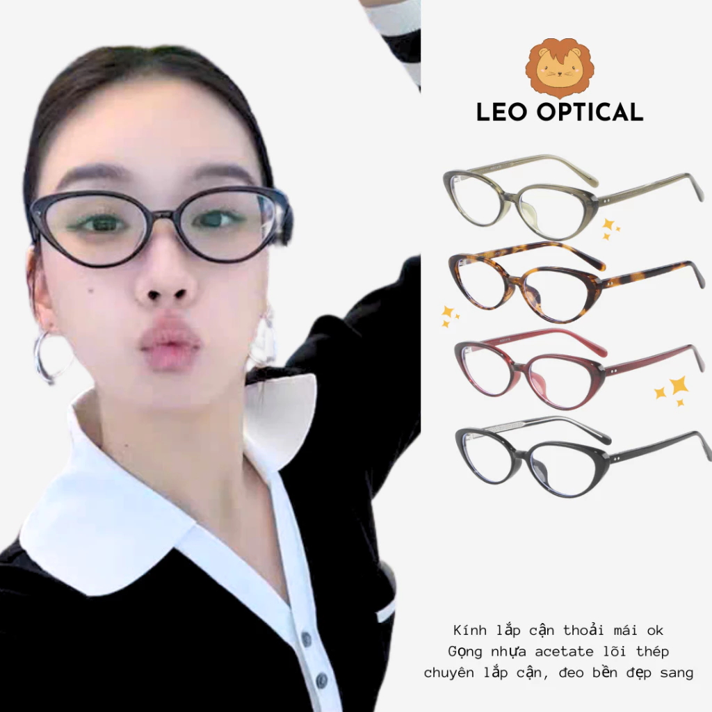 Kính mắt mèo MONA phối dáng oval chống tia ánh sáng xanh UV LEO OPTICAL QQ7058