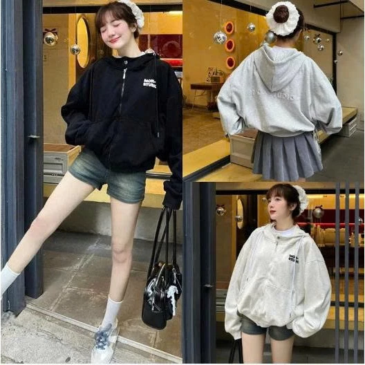 Áo khoác hoodie zip Dập Nổi Cúc Cổ  Chữ MON  Studio FOM BOXY ,Form Rộng Tay Bồng UNISEX ---- NAM NỮ