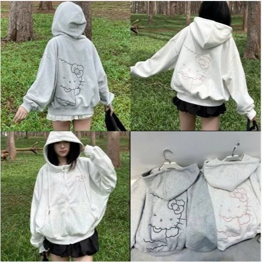Áo khoác nỉ   Mèo Nơ In Nổi Cổ Cao Có Khuy Bấm Mũ 2 Lớp Chất Liệu Nỉ Tàu mềm mịn dễ mặc cá tính