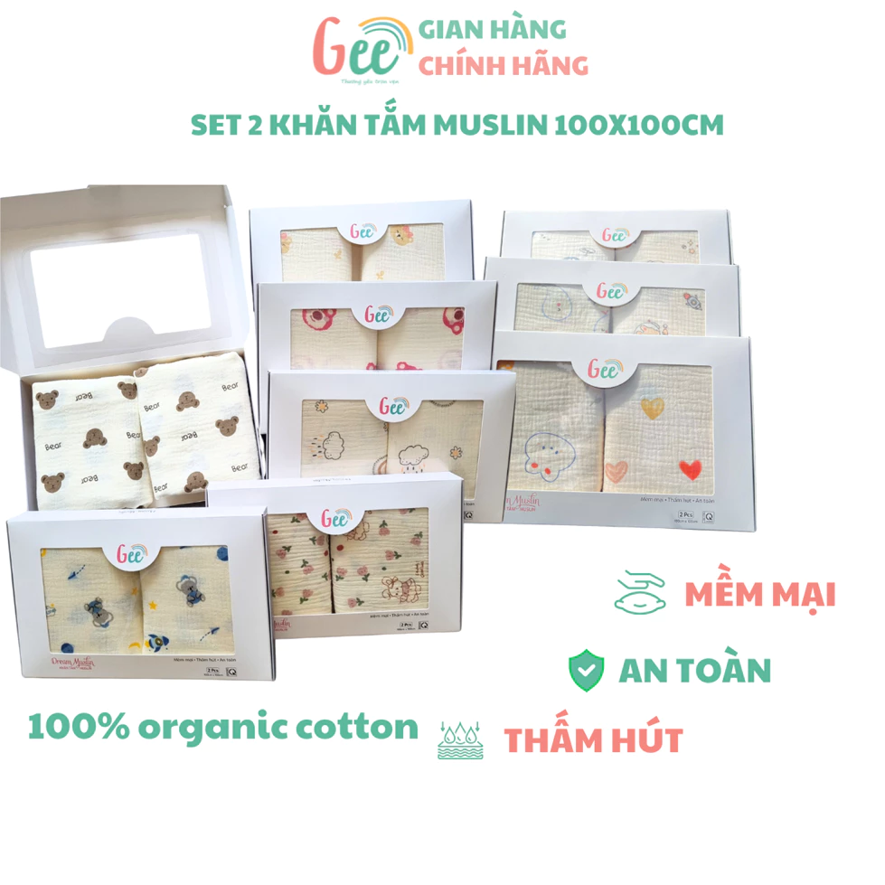 Bộ 2 KHĂN TẮM MUSLIN Gee mềm mại, thấm hút vượt trội, an toàn cho da, 100% cotton organic thiên nhiên.