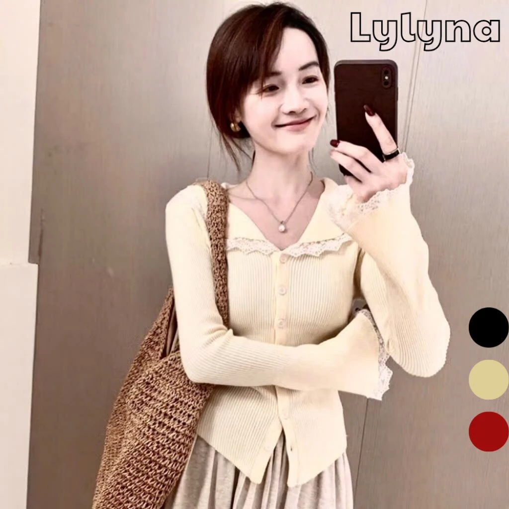 Áo cổ ren tay ren cúc dáng ôm, áo len cardigan nữ, cổ ren màu trơn phòng cách mùa đông