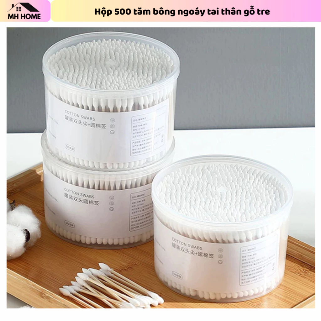 Hộp 500 tăm bông ngoáy tai thân gỗ tre mềm mại thân thiện với môi trường
