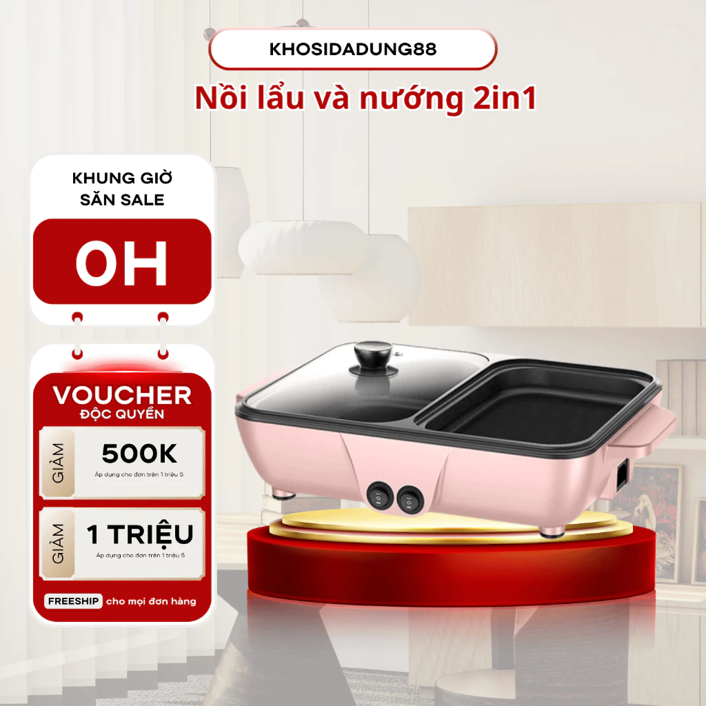 Nồi lẩu nướng điện đa năng 2in1, bếp điện 2 ngăn siêu chống dính có công tắc điều chỉnh nhiệt độ