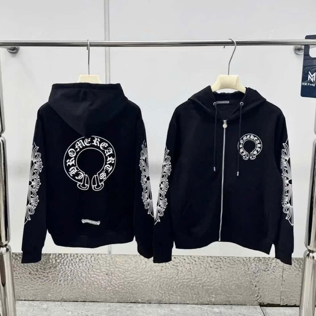 Áo Khoác Hoodie Zip Chrome Họa Tiết Logo In Nhiệt 2 Mặt Cực Nét Chất Liệu Nỉ Bông Dày Dặn Form Dáng Unisex Nam Nữ 2025