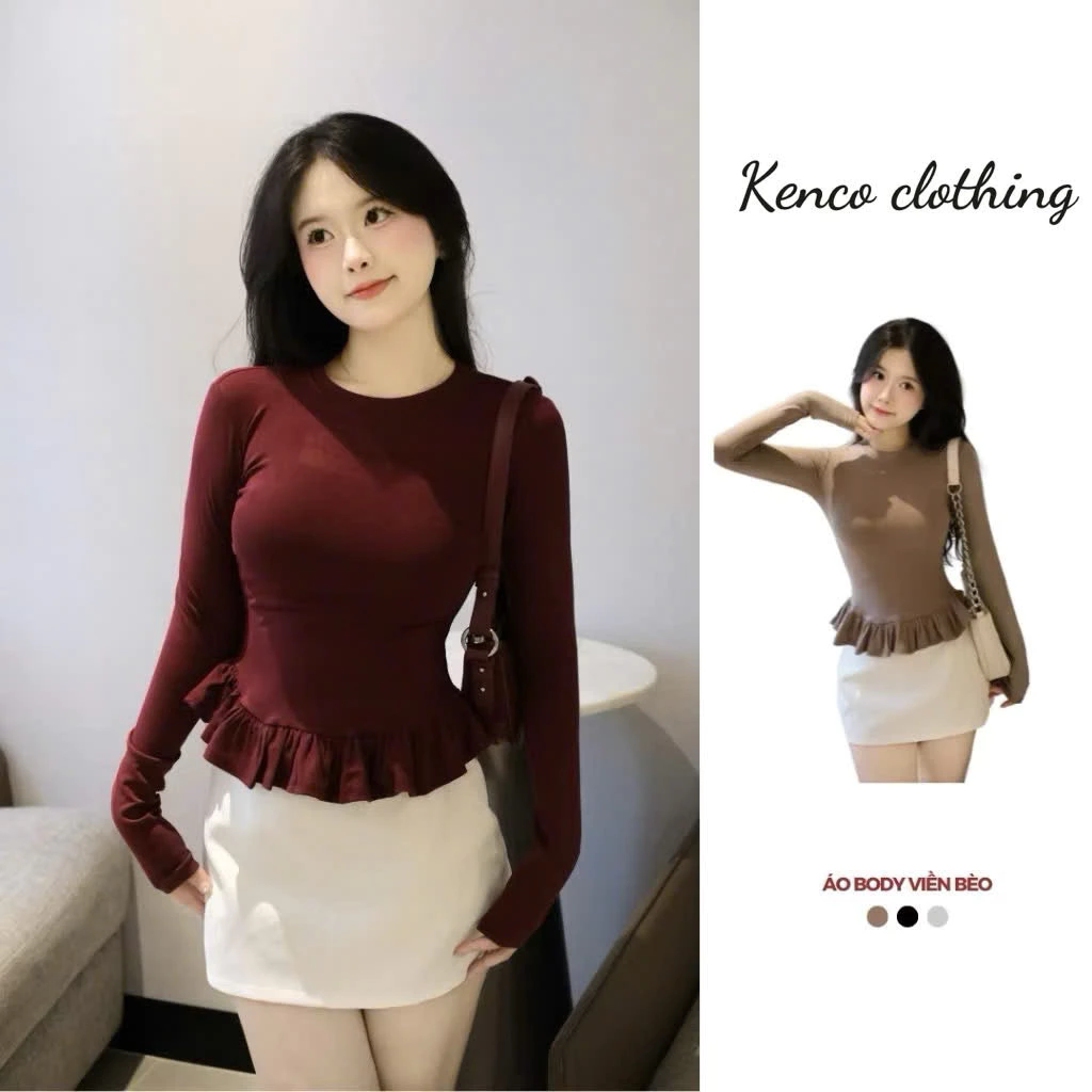 Áo Thun Dài Tay Nữ Ôm Body Phối Viền Bèo Xinh cotton nhuyễn MA2509 Kenco clothing