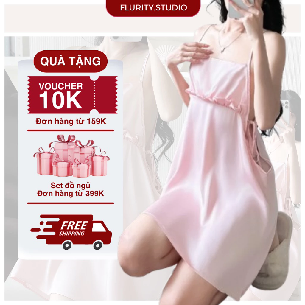 Đầm Ngủ Quyến Rũ Mặc Nhà Viền Bèo Khoét Sâu Hông Có Nơ Thắt Form Chữ A Lụa Latin Mịn FLURITY - LIA DA2DLU845