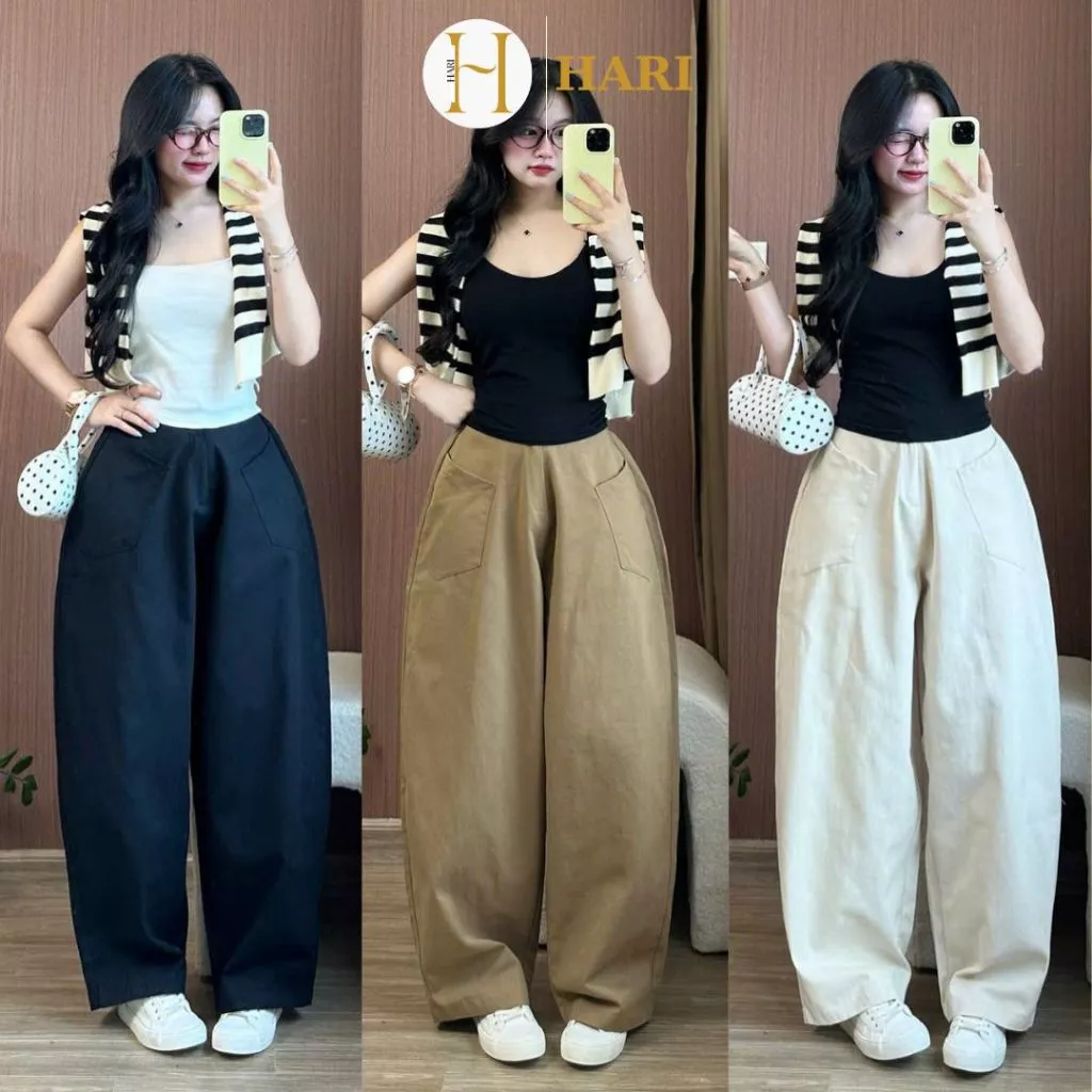 Quần harem nữ Hari parachute pants kaki dày dặn ống rộng 2 túi dáng suông thoải mái đi học đi làm 45 P2